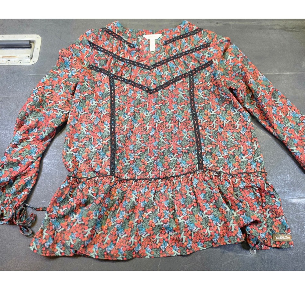 Matilda Jane Floral Peplum Blouse Red Blue Lace Trim Long Sleeve V-Neck Small